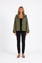 Army green oversized hooded cotton-twill jacket — front